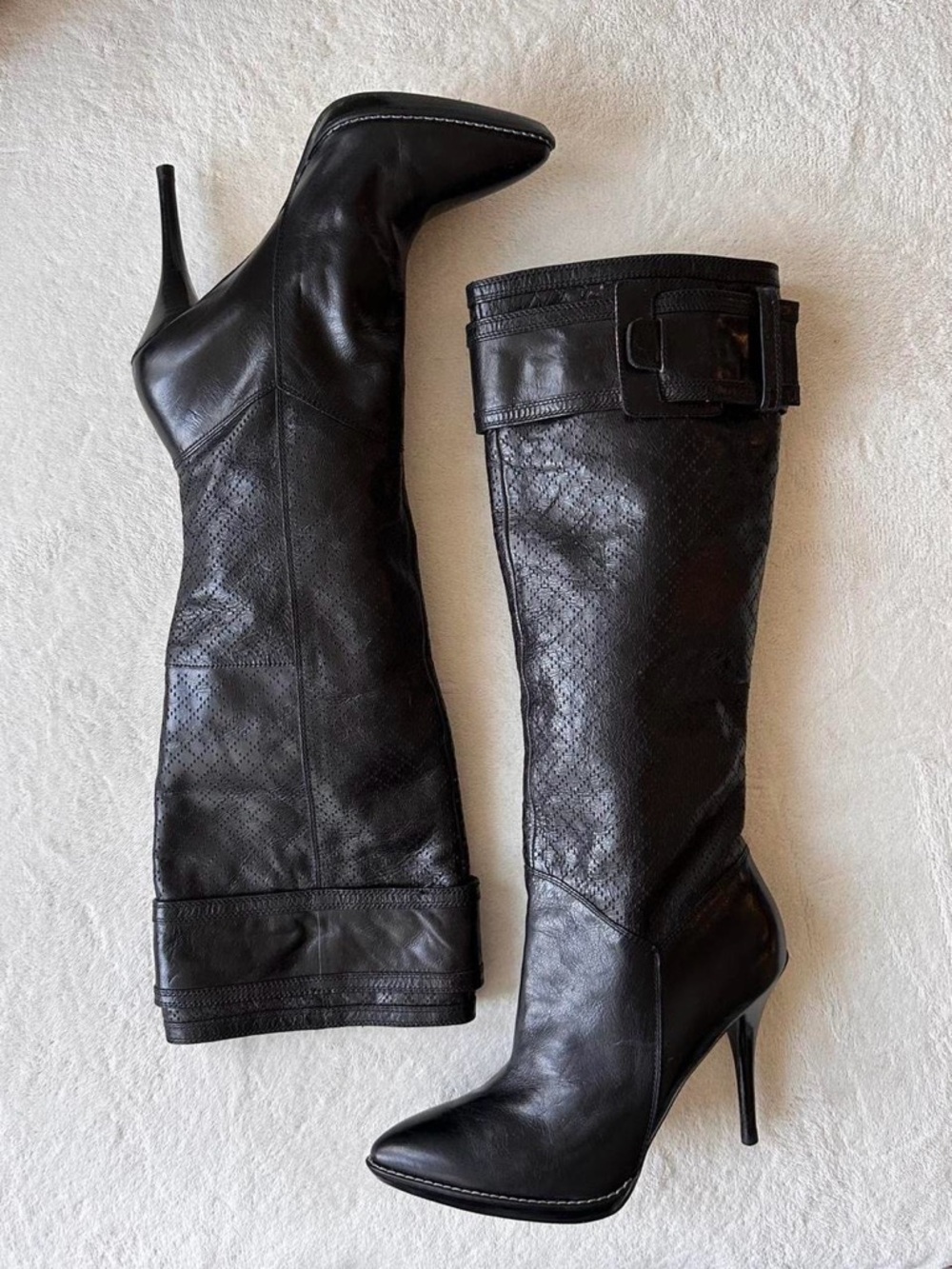 Women’s Nine West Black Leather Knee High Stiletto Boots, 8.5 EUC
